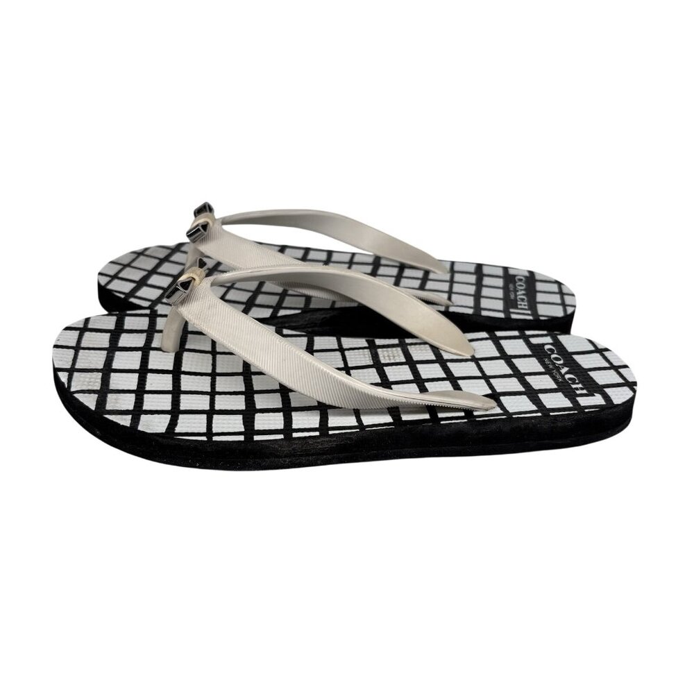 Coach Women Size 5-6 Black White Checkered Print Casual Beach Amel Flip Flops